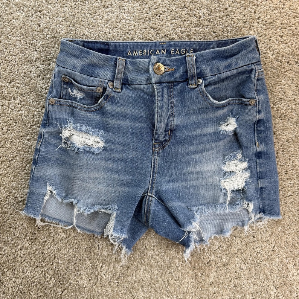 American Eagle Denim Shorts Womens 2 Blue Dream Curvy Midi Cutoff Distressed